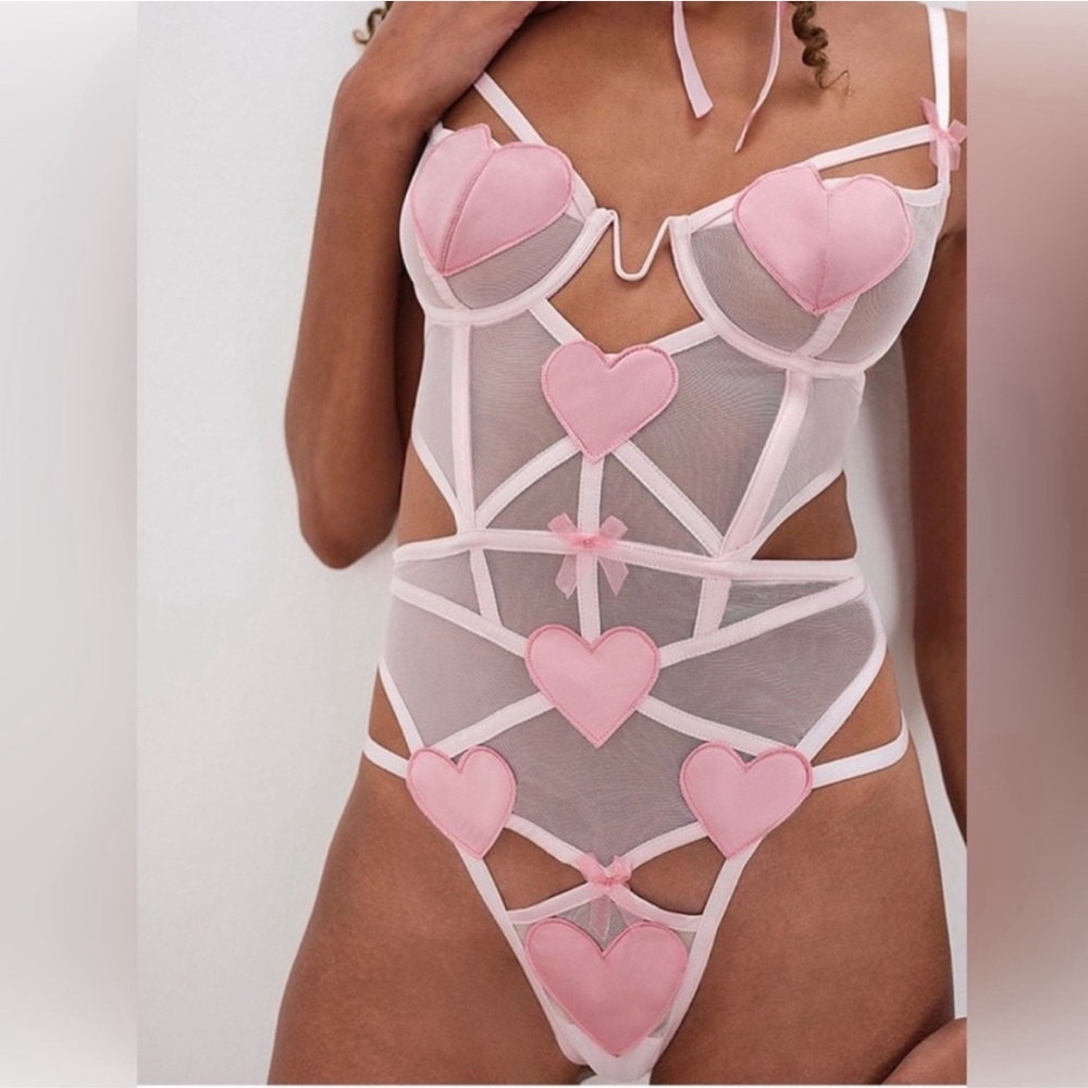For Love and Lemons Heart Teddy Bodysuit Sz M Pink Mesh Lingerie